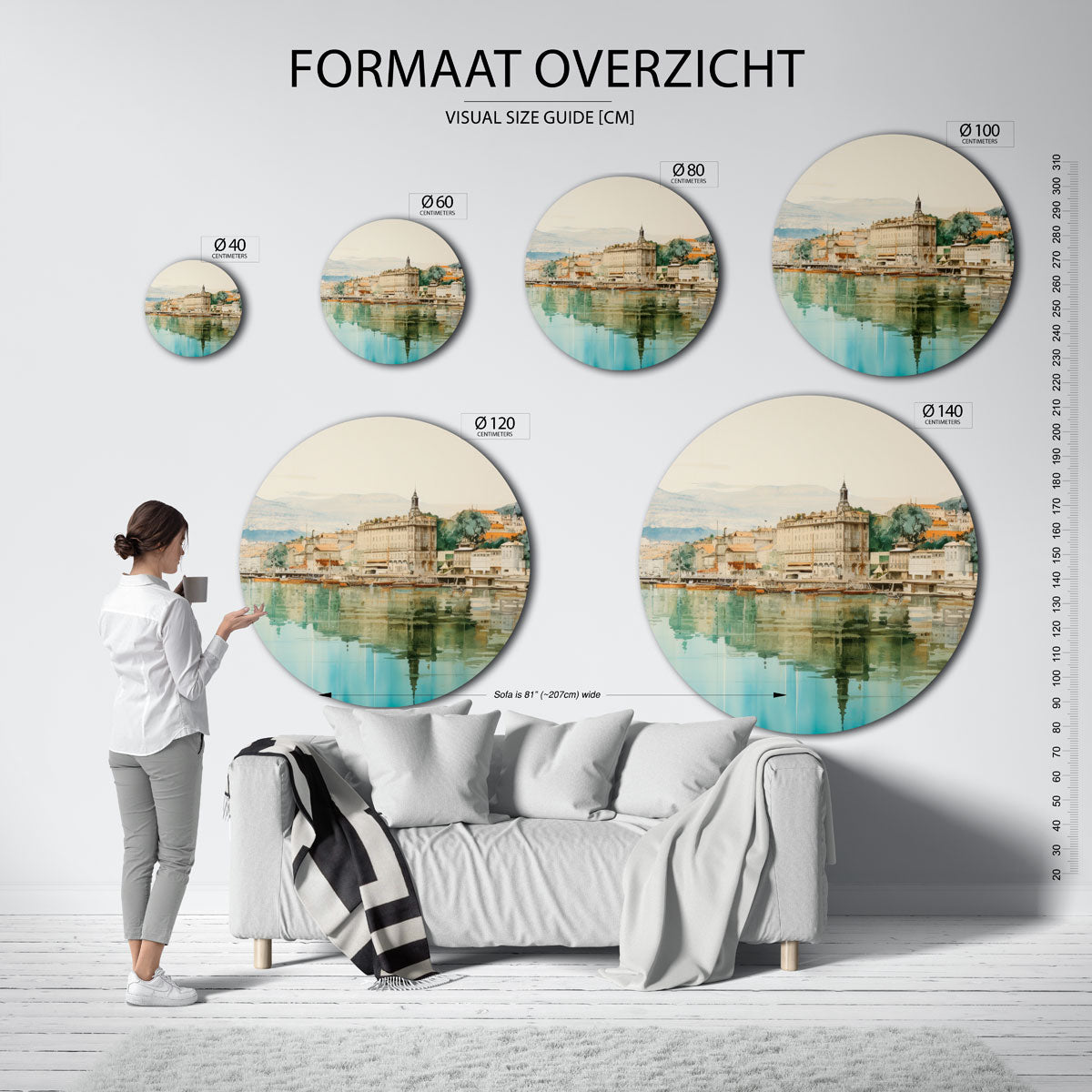 Stad aan het water – kleurrijke wandkunst als muurcirkel