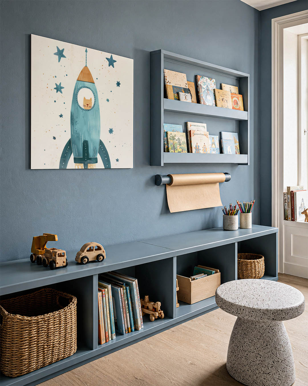 Dromerige ruimteraket kunstwerk – detailweergave – een illustratie van een blauwe raket met een kat erin, omringd door