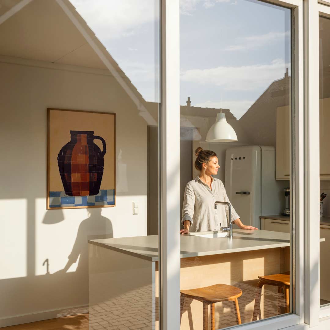 Rustieke Vaas op Checker Blue – abstracte poster in staand formaat