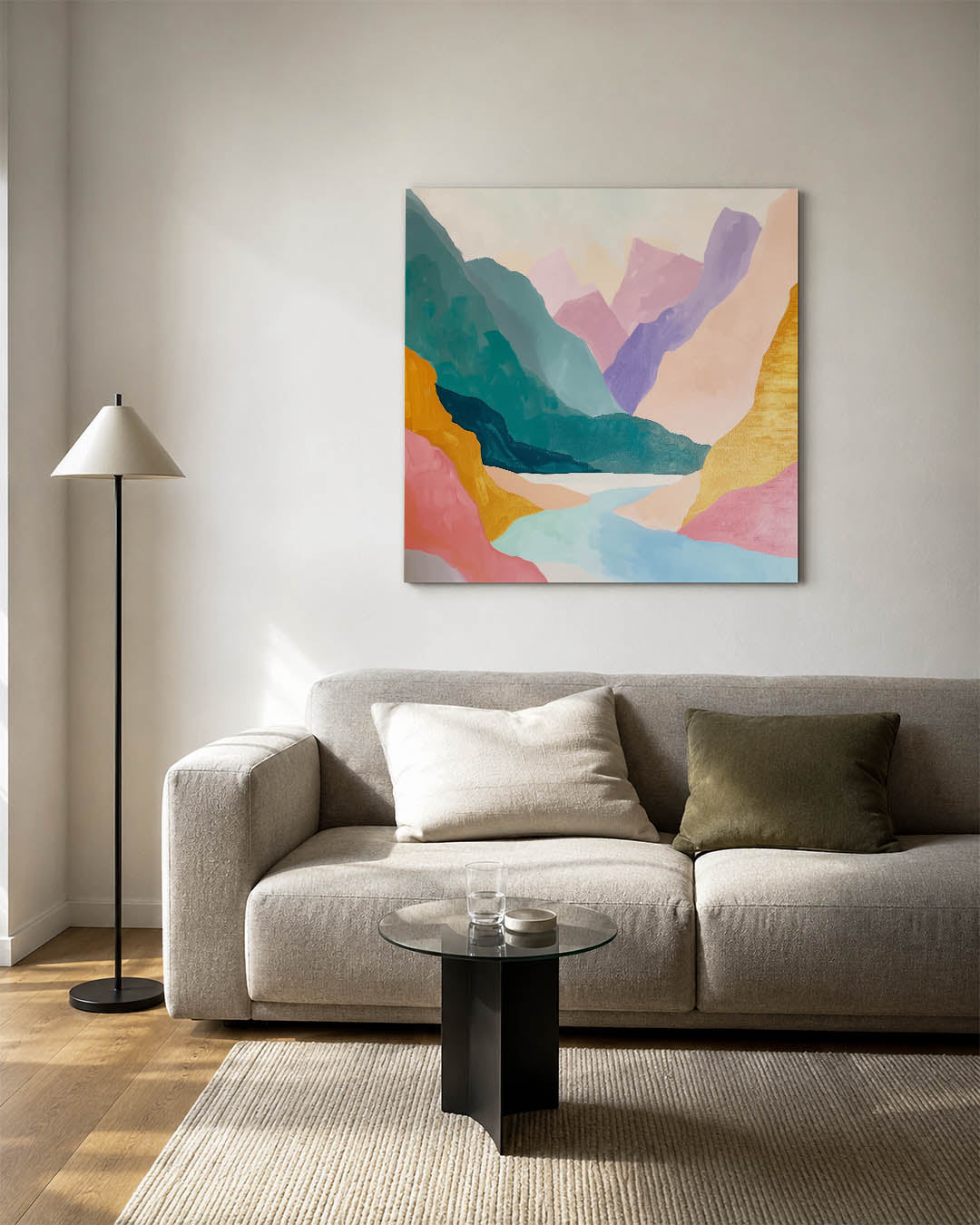 Kleurrijke berglandschap kunstwerk – vierkante wanddecoratie – dit werk toont een levendig berglandschap met vloeiende lijnen