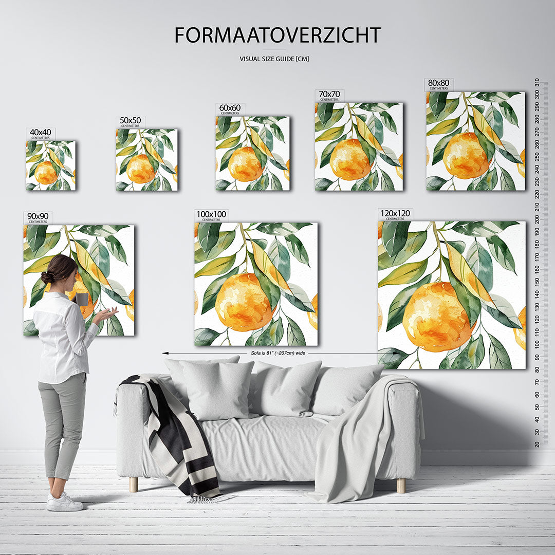 Citrus en bladeren kunstwerk – sfeerbeeld – dit werk toont een levendige compositie van oranje citrusvruchten en groene