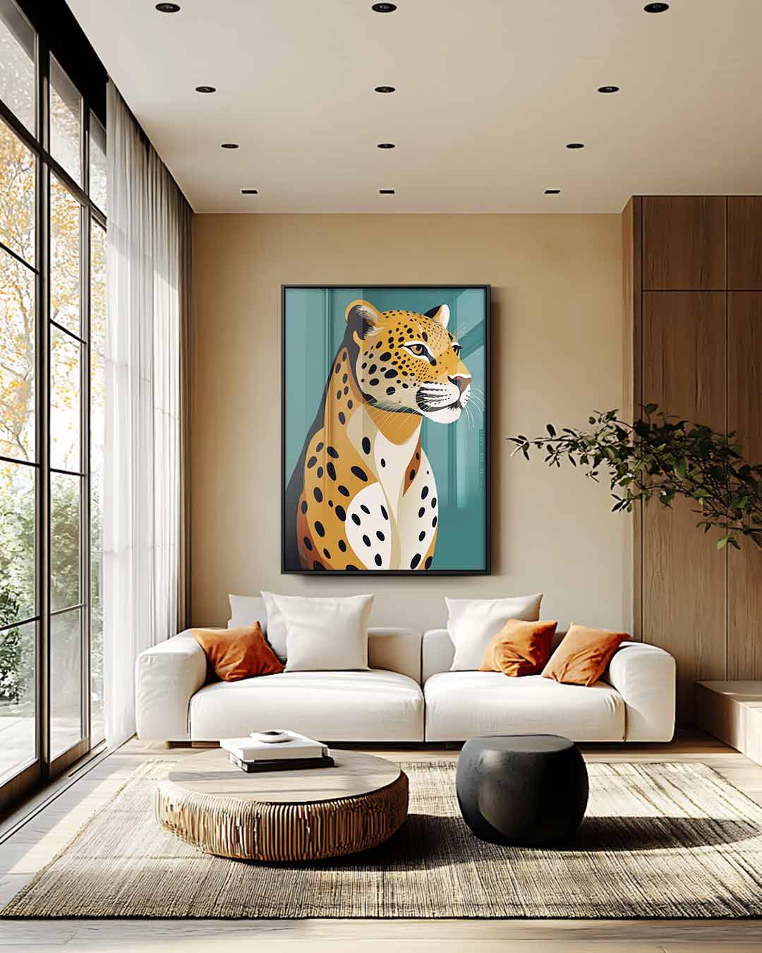 Majestueuze Luipaard op Abstracte Achtergrond – modern portret kunstwerk van WallArtistic