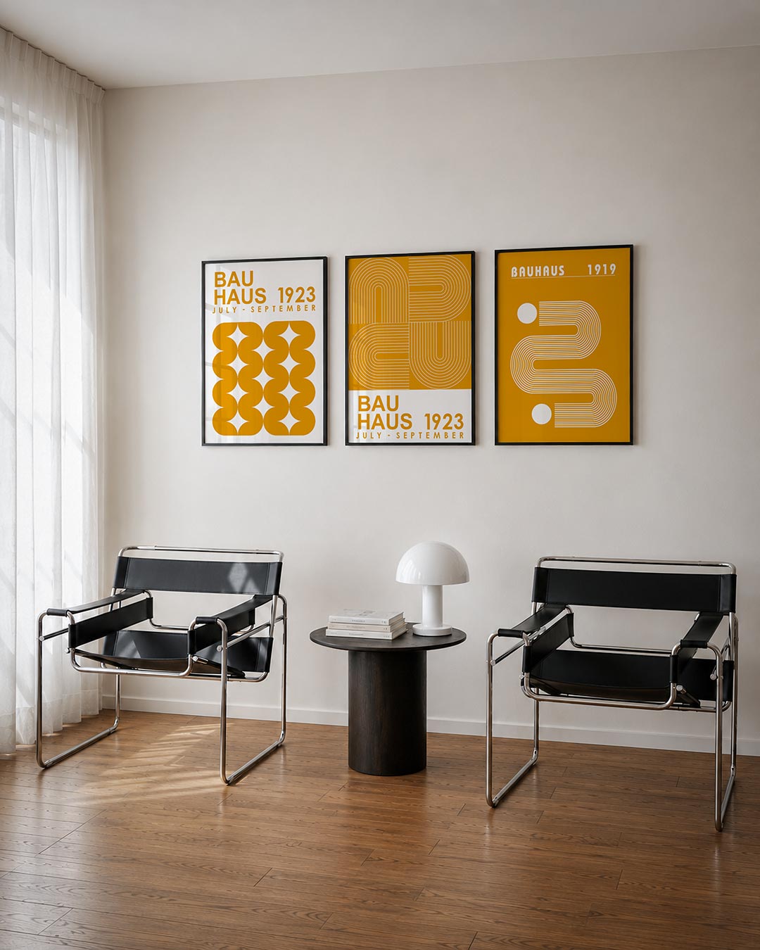 Vorm en kleur posterset – derde productweergave – deze posterset in drie delen toont een levendig spel van oranje halve