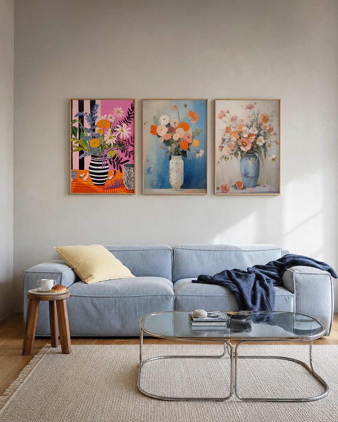 Bloemrijke strepen posterset – tweede productweergave – deze posterset in drie delen toont een levendig boeket in