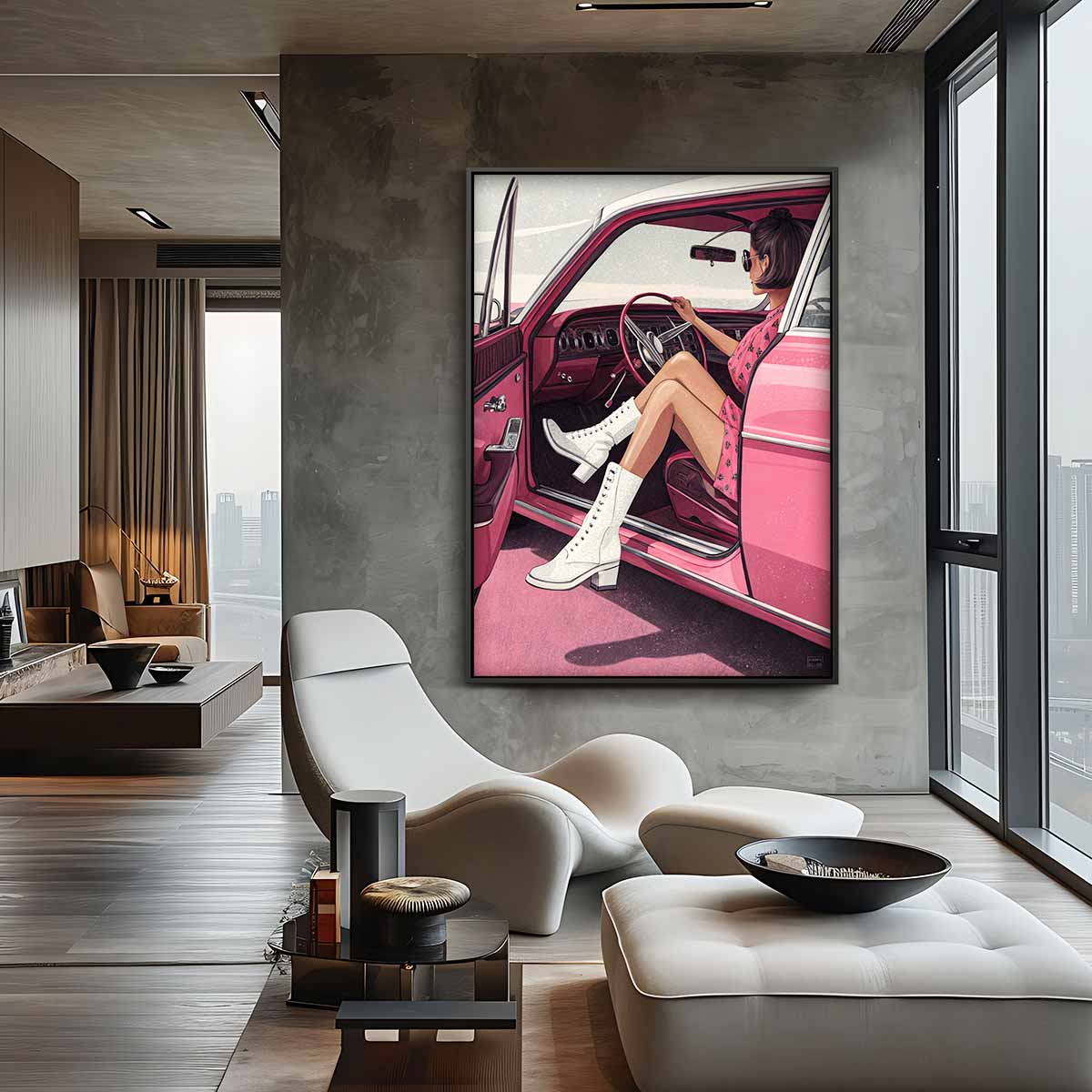 Vintage Glamor in de Roze Oldtimer – staand kunstwerk voor modern interieur