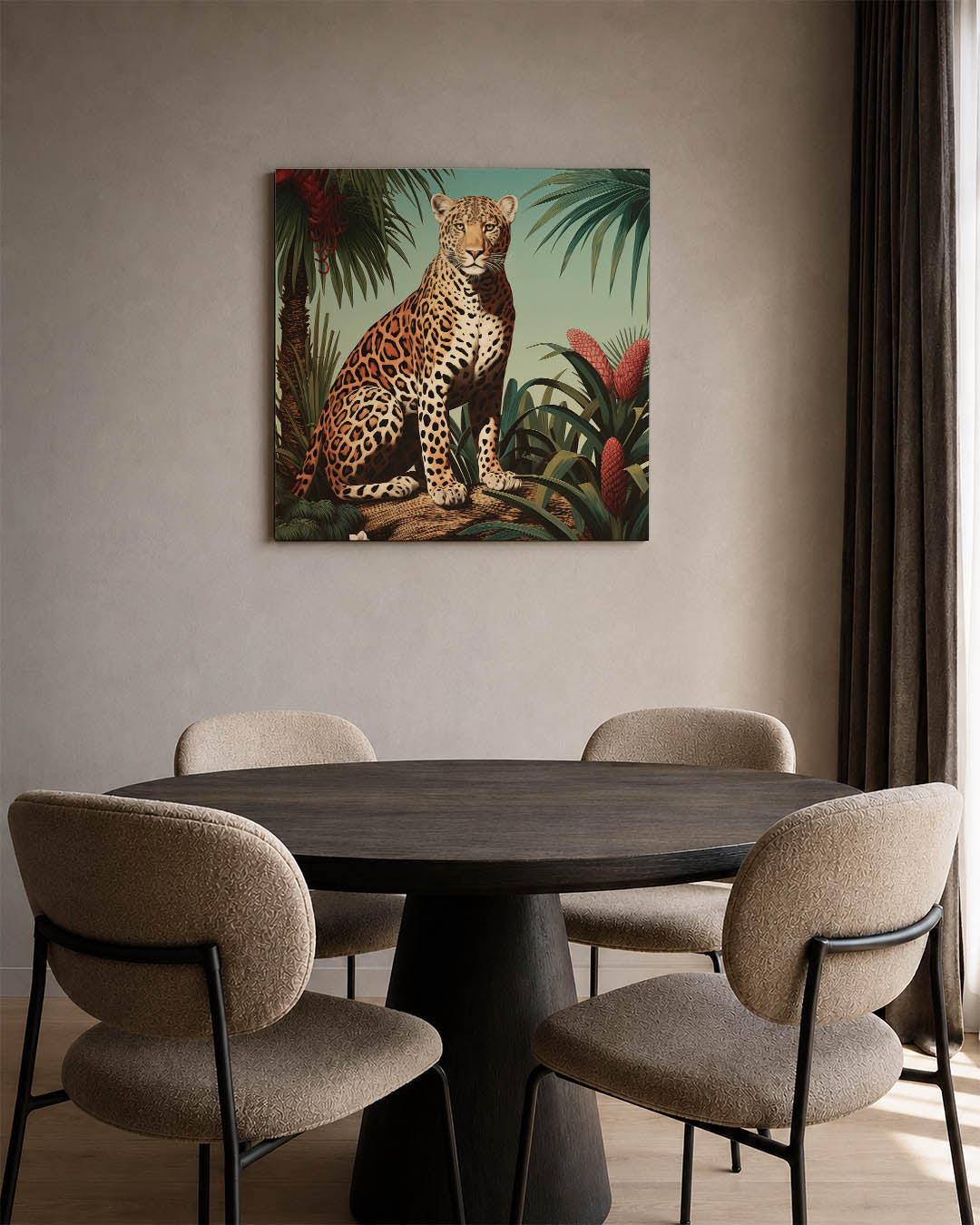 Tropische dierenwereld kunstwerk – derde productweergave – dit kunstwerk toont een majestueuze luipaard te midden van