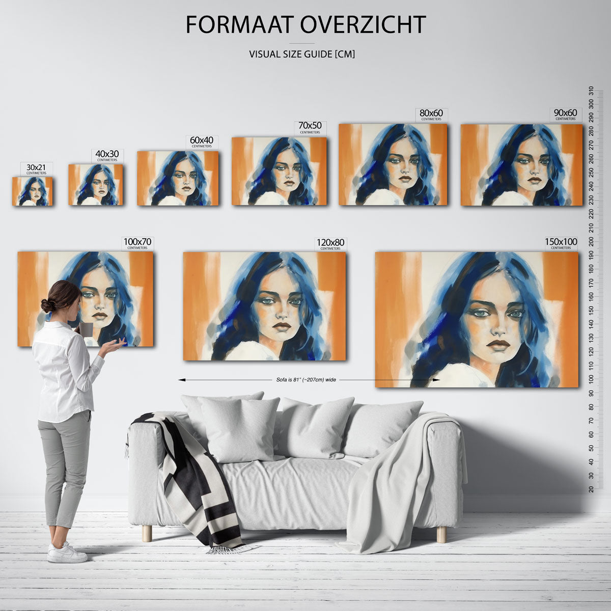 Portret met blauwe accenten – liggende muurposter met vrouwelijk portret