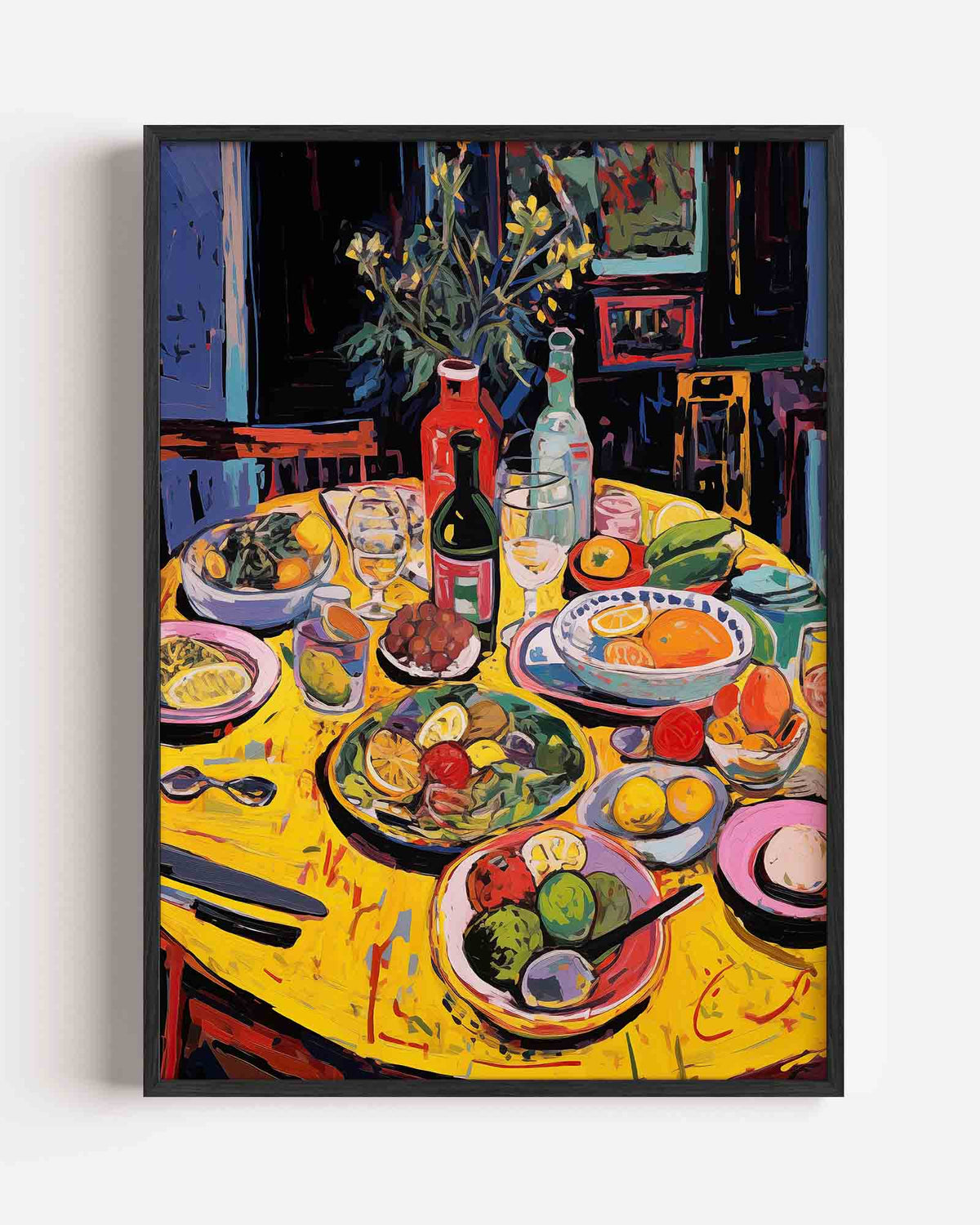 Fruit en flessen op tafel – botanische portret poster als wanddecoratie
