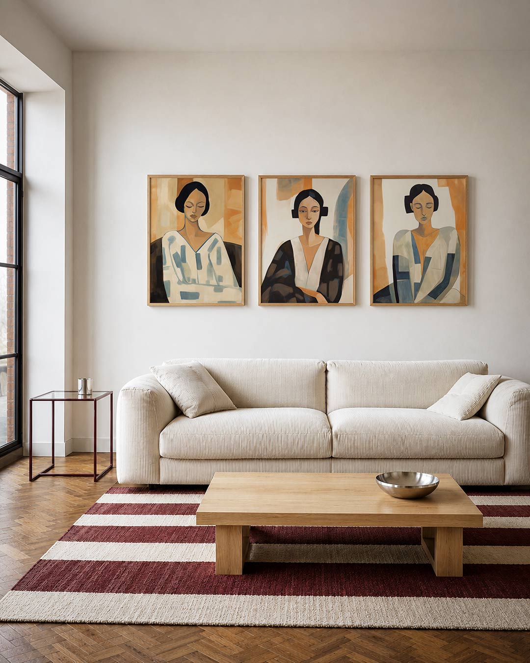 Vorm en kleur driedelige posterset – een serene figuur met gesloten ogen, omgeven door zachte, warme