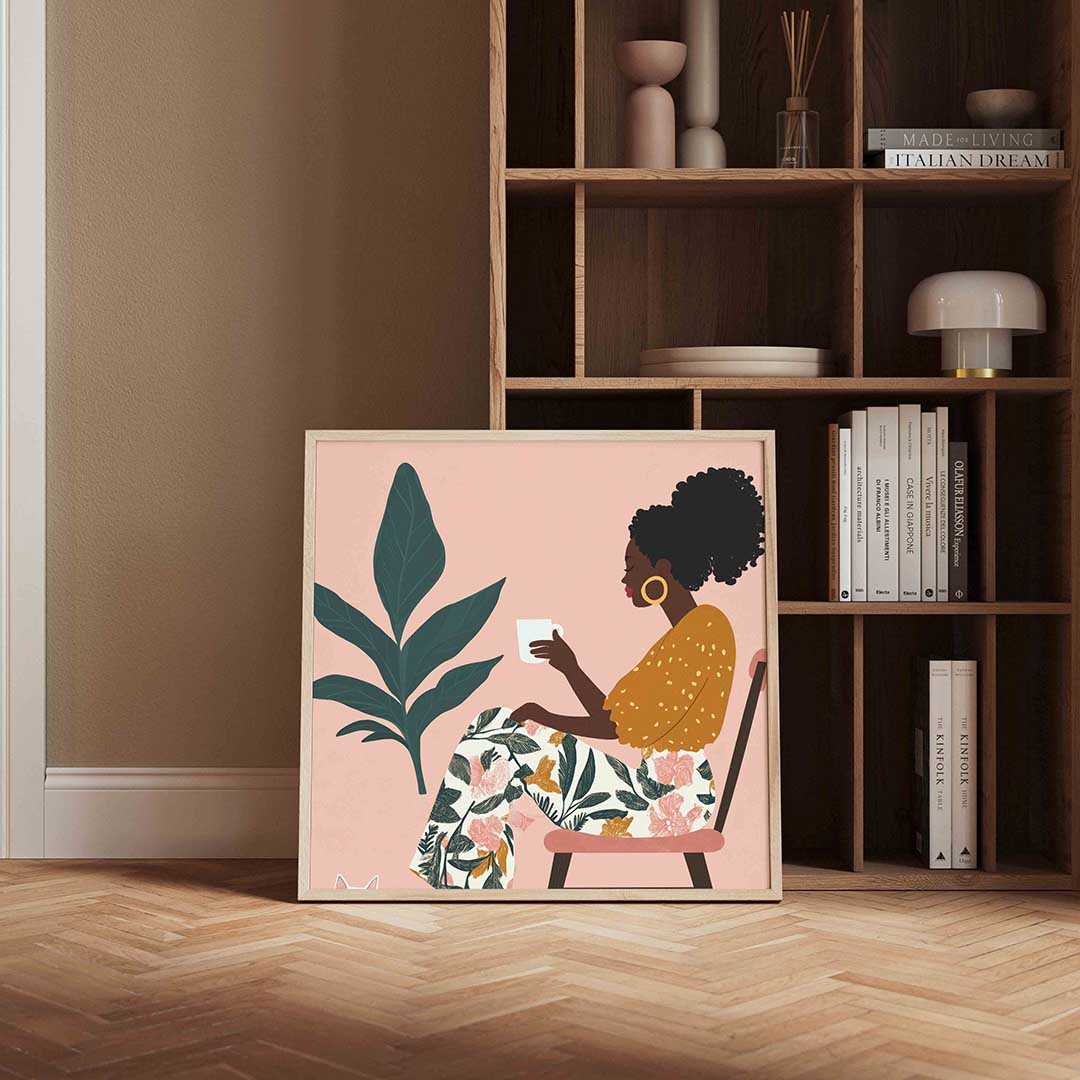 Vrouw met kopje – moderne poster in vierkant formaat