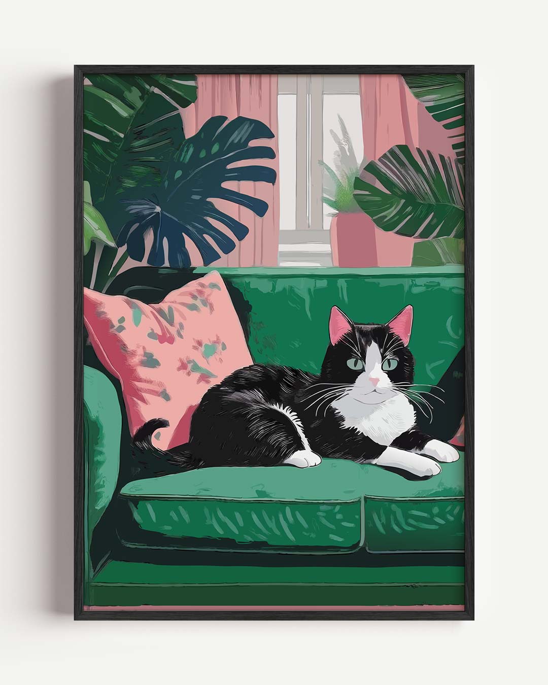 Kat op Groene Bank – dieren portret poster als wanddecoratie