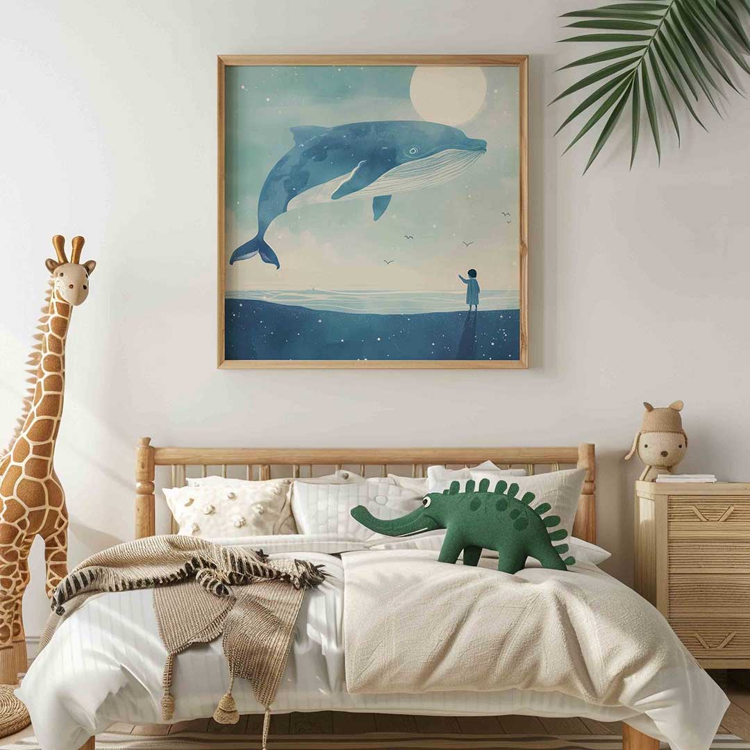 Walvis en kind – vierkante kinderkamer wanddecoratie van WallArtistic