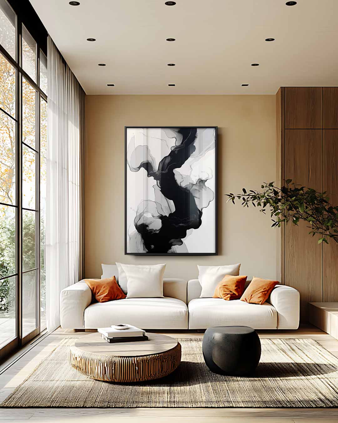 Golvende Zwart-Witte Abstractie – staande wandkunst voor woonkamer of interieur