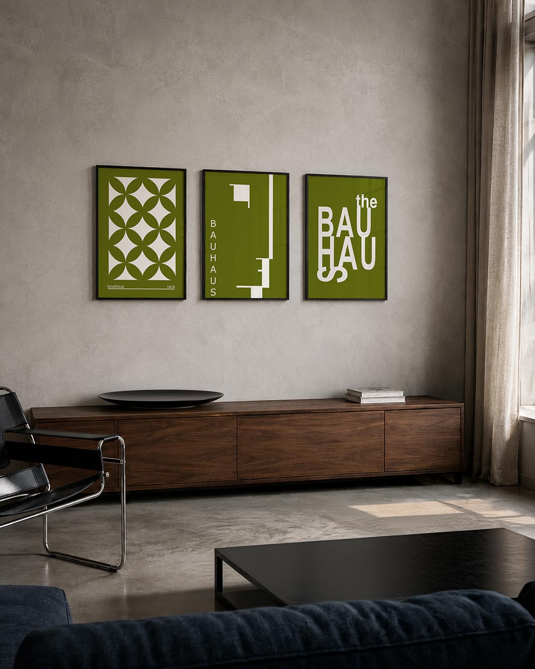Vormenspel in groen posterset – tweede productweergave – deze posterset in drie delen toont een ritmisch patroon van