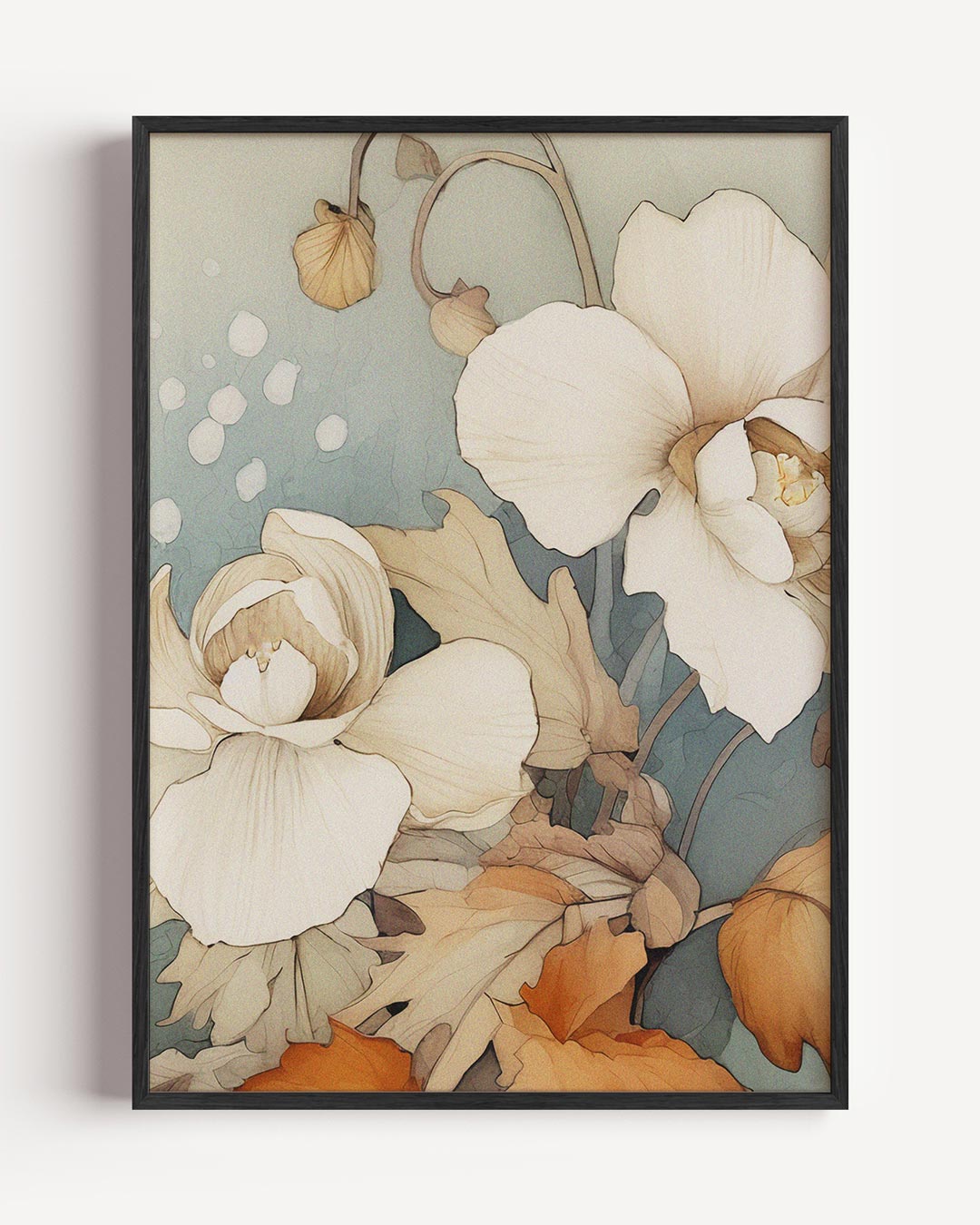 Witte bloemen met blauwe achtergrond – bloemen portret poster als wanddecoratie