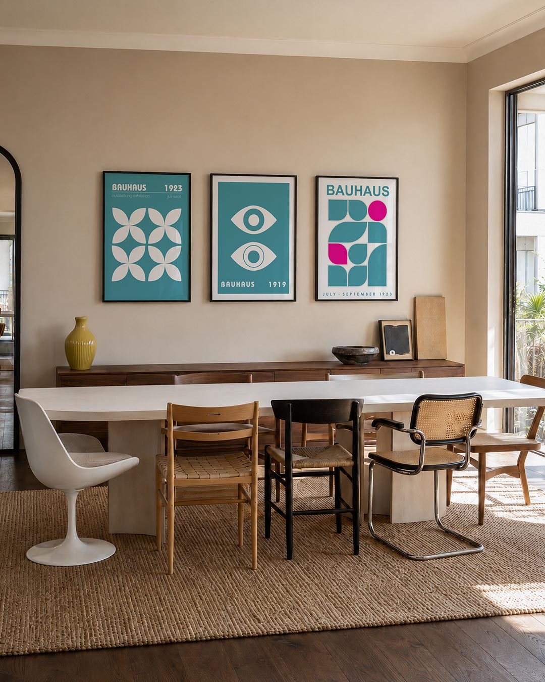 Vorm en kleur driedelige posterset – deze posterset in drie delen toont een ritmisch patroon van witte bloemachtige vormen op