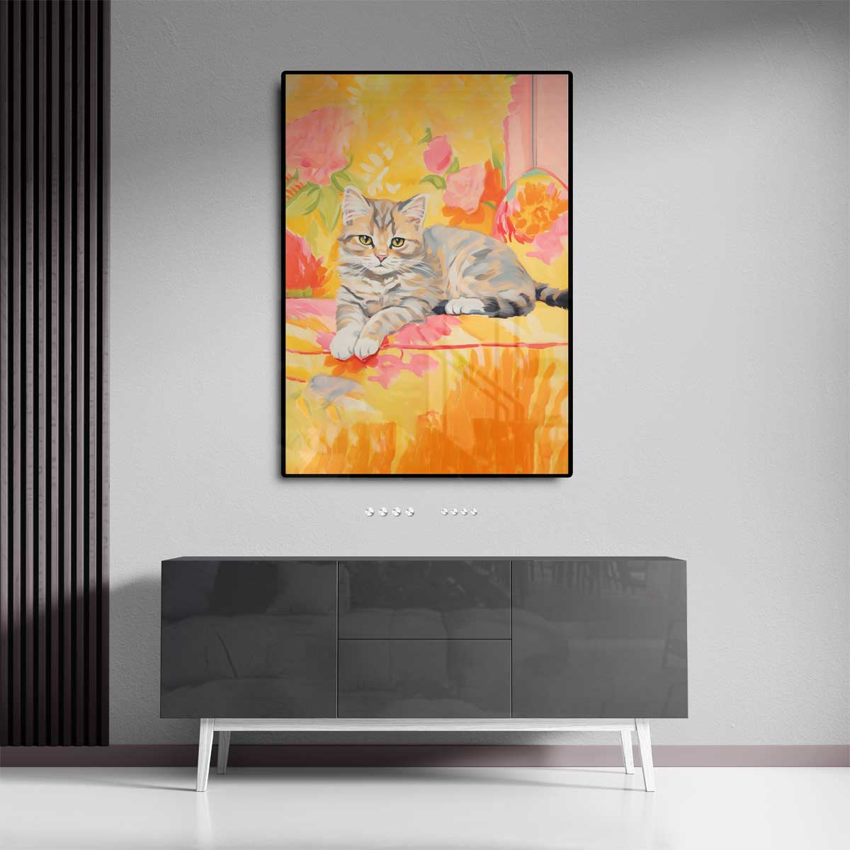 Zomerse Kat in Bloemen – dibond wanddecoratie in staand formaat
