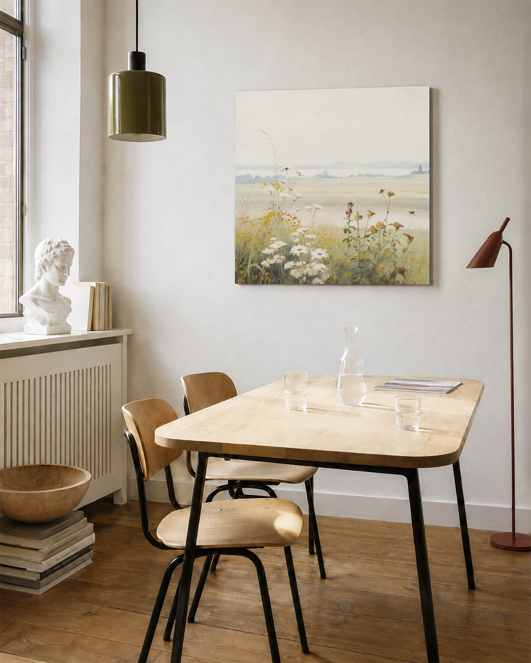 Rustige bloemenweide kunstwerk – detailweergave – dit kunstwerk toont een bloemenweide met delicate bloemen en zachte