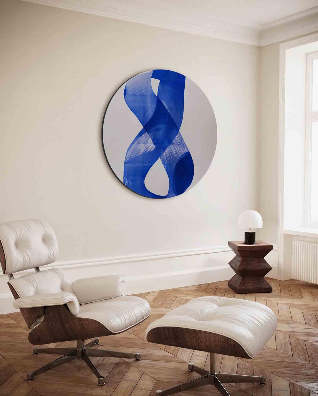 Blauwe vormen – moderne ronde wanddecoratie van WallArtistic