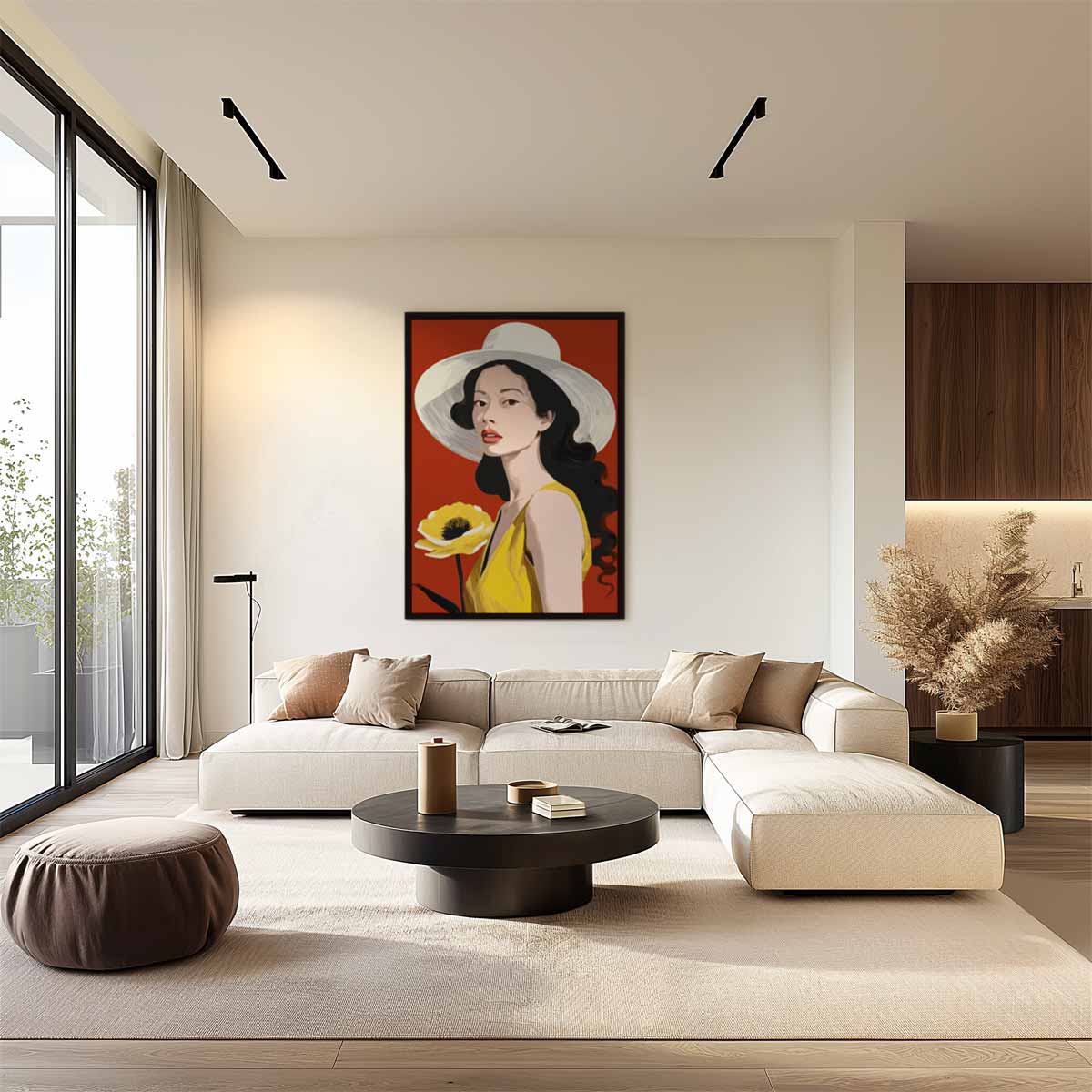 Vrouw en Bloem in Zomerhoed – staand kunstwerk voor modern interieur