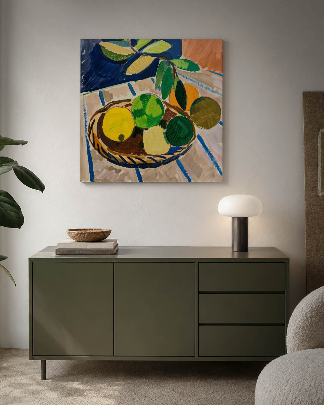 Fruit en bladeren kunstwerk – detailweergave – dit werk toont een mand met kleurrijk fruit en bladeren. De levendige kleuren