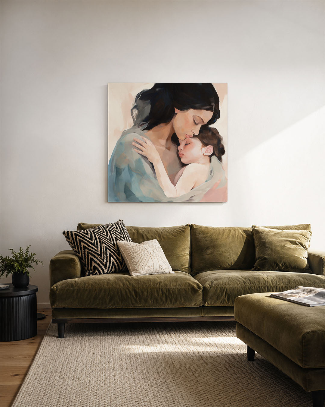 Intieme omhelzing kunstwerk – derde productweergave – dit kunstwerk toont een serene moeder-kind omhelzing. Zachte kleuren en