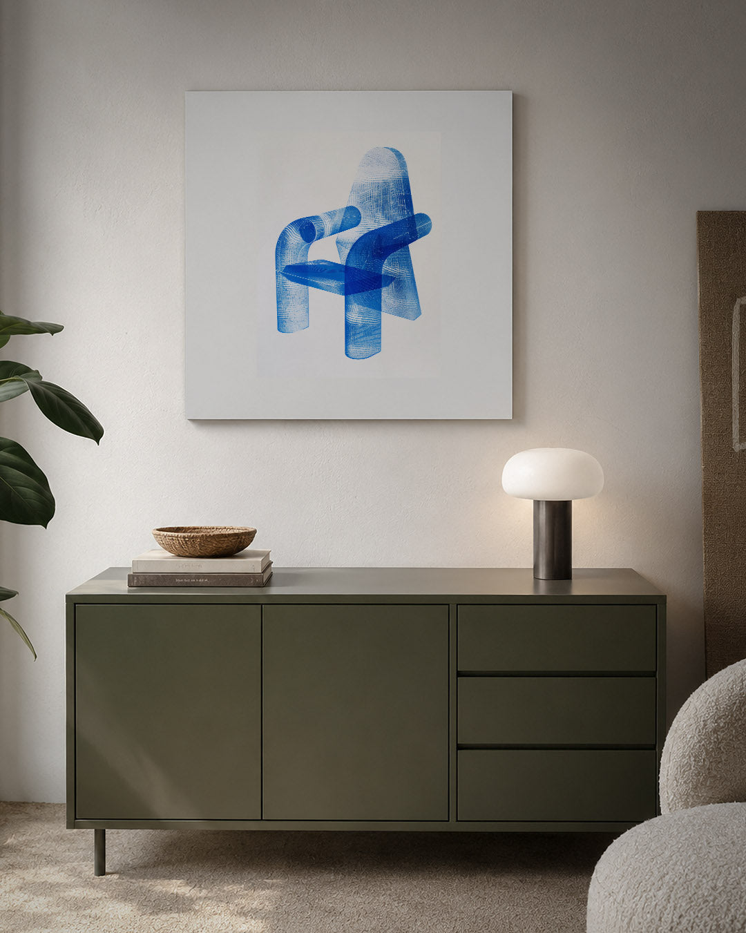 Transparante stoelvorm kunstwerk – detailweergave – dit kunstwerk toont een transparante stoelvorm in blauw, met vloeiende