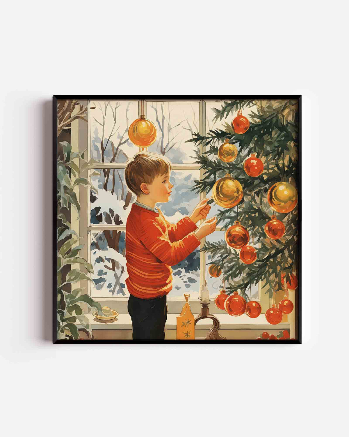 Jongen bij kerstboom – kerst vierkante poster als wanddecoratie