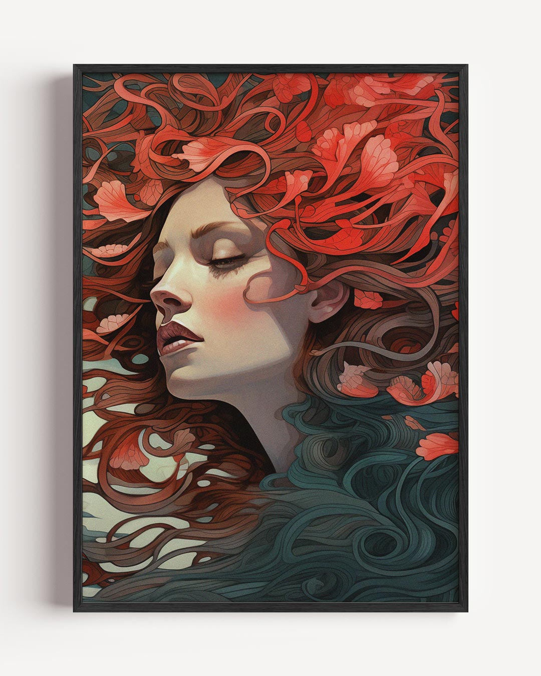Vrouw met rode bloemen in haar – vrouwelijk portret poster als wanddecoratie