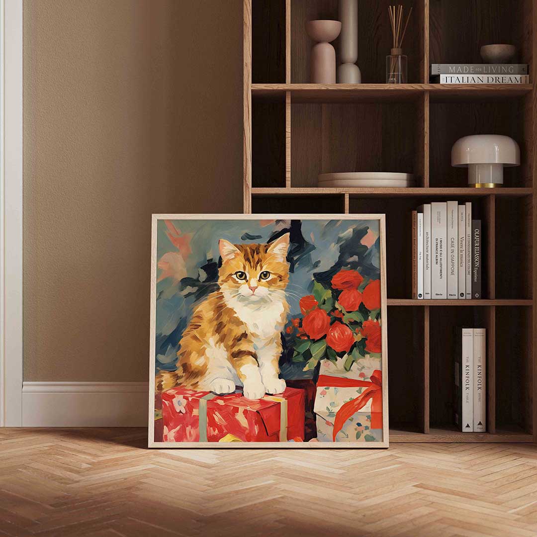 Kat met rode rozen – kerstposter in vierkant formaat
