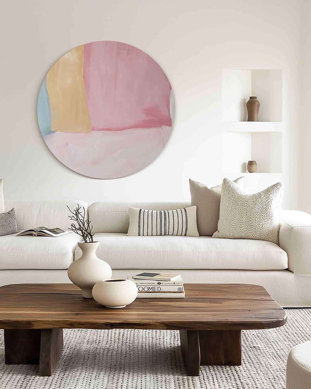 Abstracte pastelkleuren – muurcirkel met kleur en vormen voor aan de muur