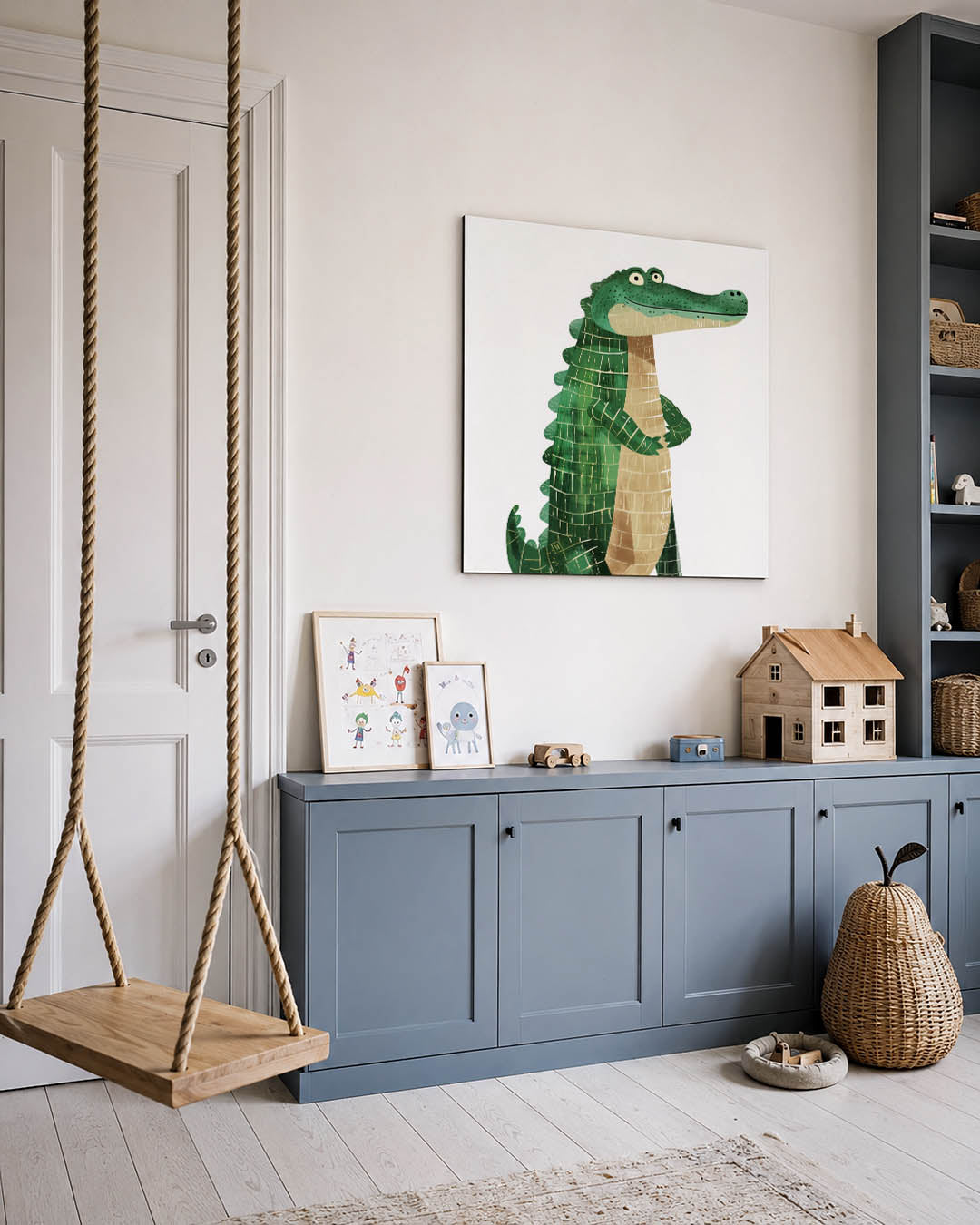 Vrolijke krokodil illustratie kunstwerk – vierkante wanddecoratie – dit werk toont een speelse krokodil met een groene huid