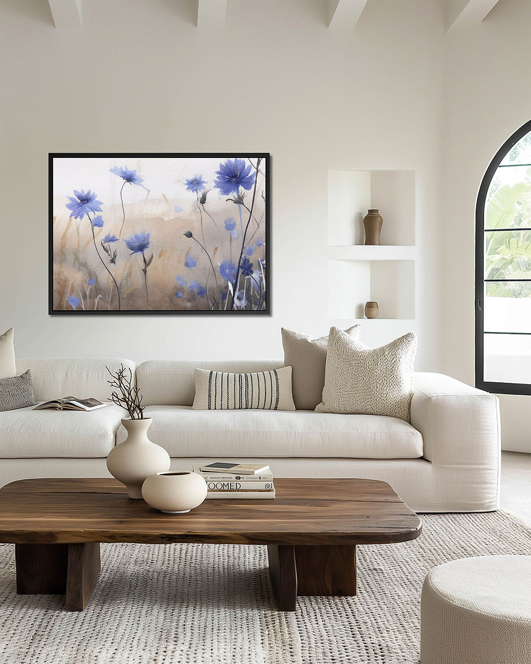 Bloemen in blauwtinten – Abstract kunstwerk – wanddecoratie in interieur
