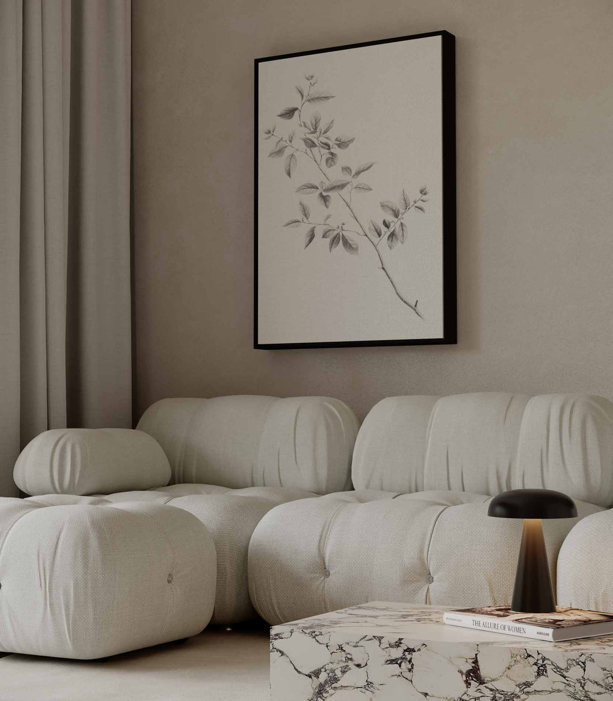 Elegante Botanische Tekening van een Tak – dibond wanddecoratie in staand formaat