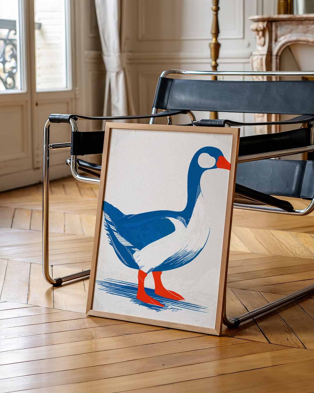 Moderne Blauwe Gans Art Print – staande muurposter met zomerse uitstraling
