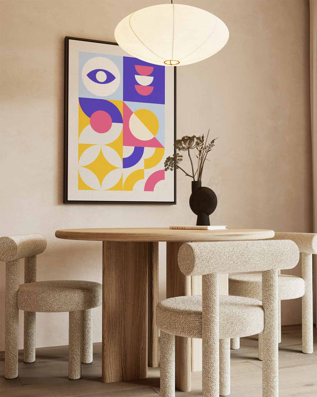 Kleurrijk Geometrisch Vreugde – kunstwerk met zwarte baklijst