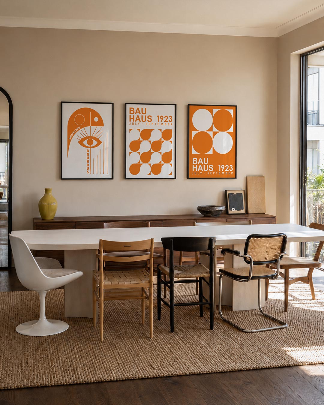 Oog en lijnen posterset – tweede productweergave – een oranje oog met strakke lijnen en cirkels. De compositie speelt met