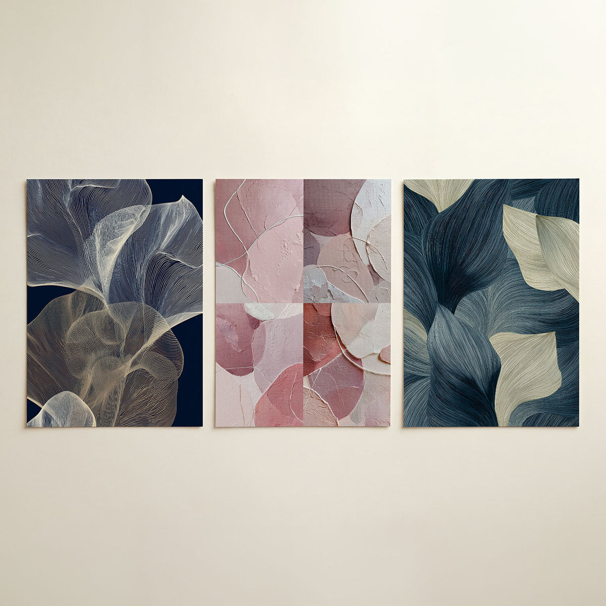 Lijnenspel en beweging driedelige posterset in tweede interieur
