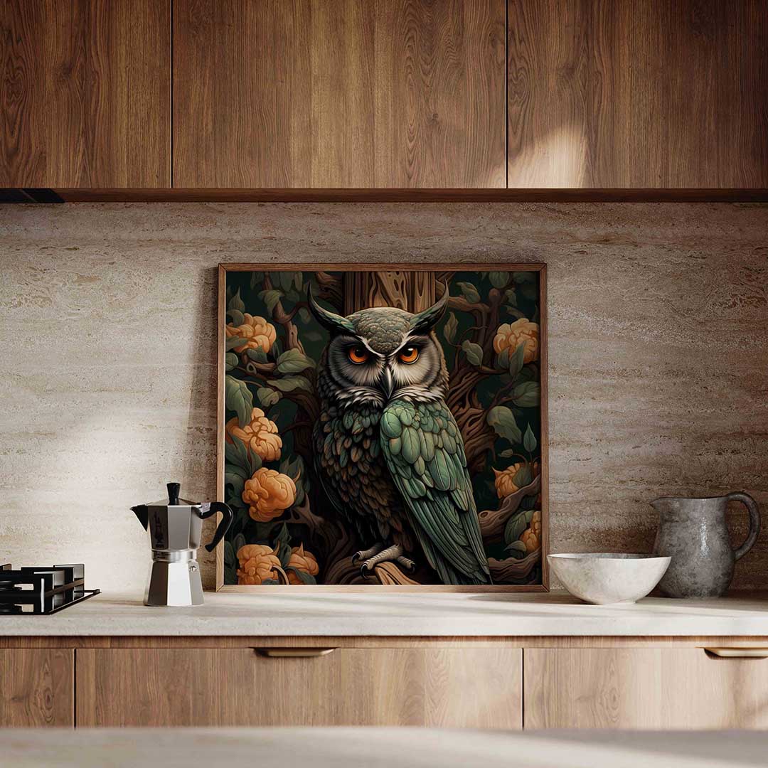 Uil en bloemen – decoratieve wandkunst als vierkante poster
