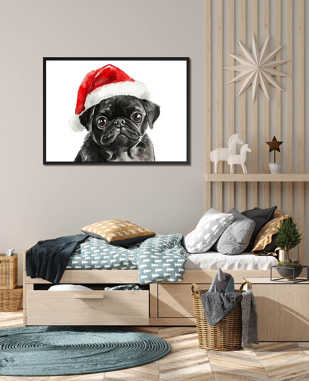 Hond met kerstmuts – wanddecoratie in interieur