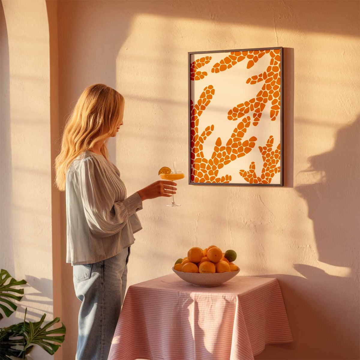 Stijlvolle Oranje Abstracte – zeedierenposter als moderne staande wanddecoratie