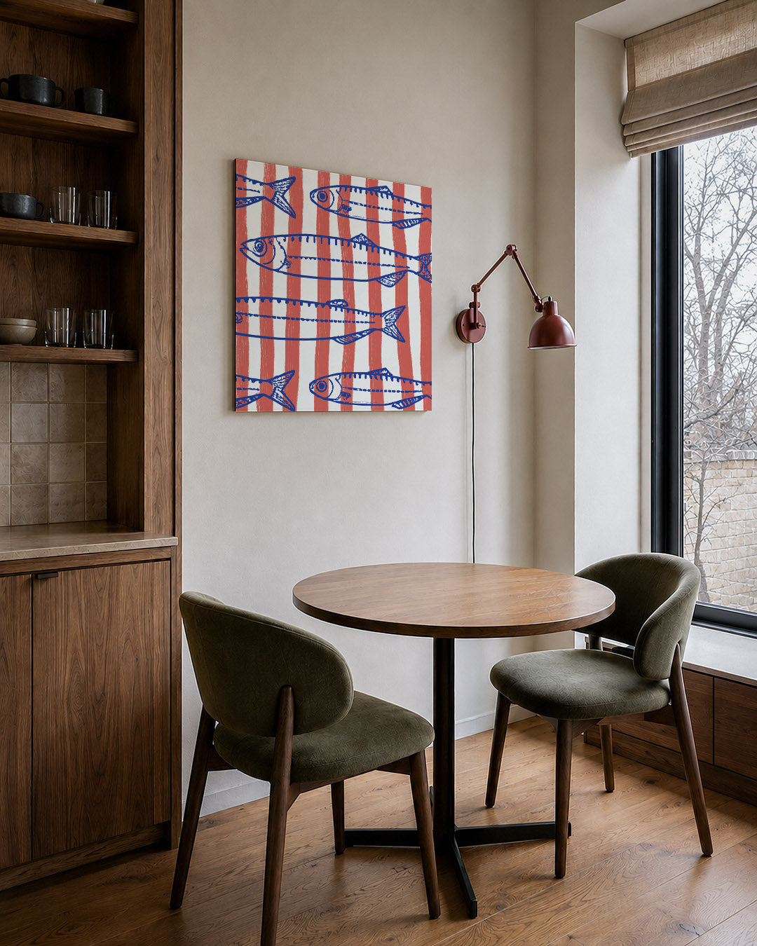 Vissen en strepen kunstwerk – derde productweergave – dit kunstwerk toont blauwe vissen tegen een achtergrond van oranje
