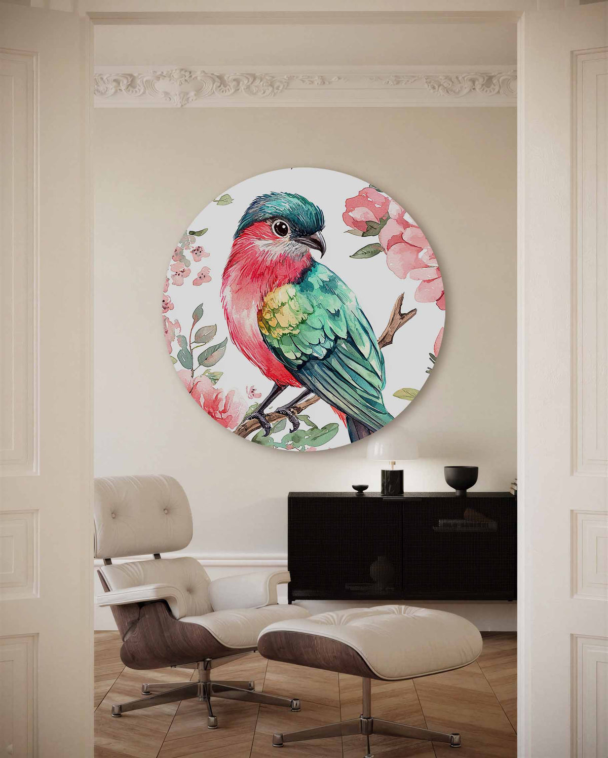 Vogel en bloemen – illustratie muurcirkel als ronde muurdecoratie