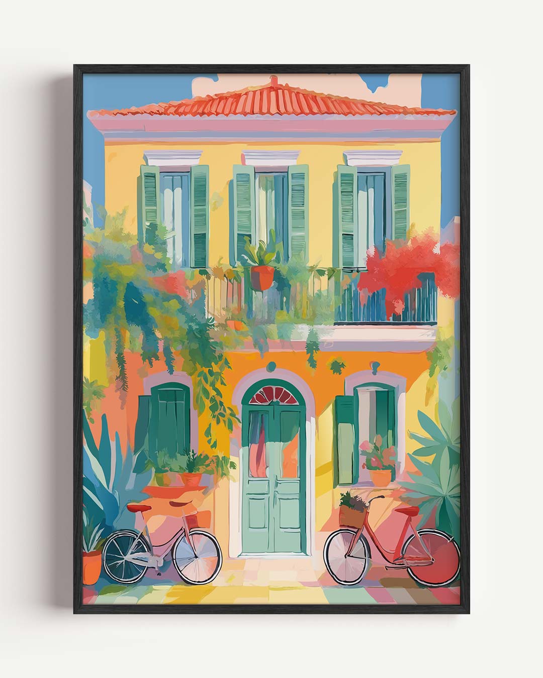 Zonnige Stadsgevel met Kleurrijke Fietsen – zomer portret poster als wanddecoratie