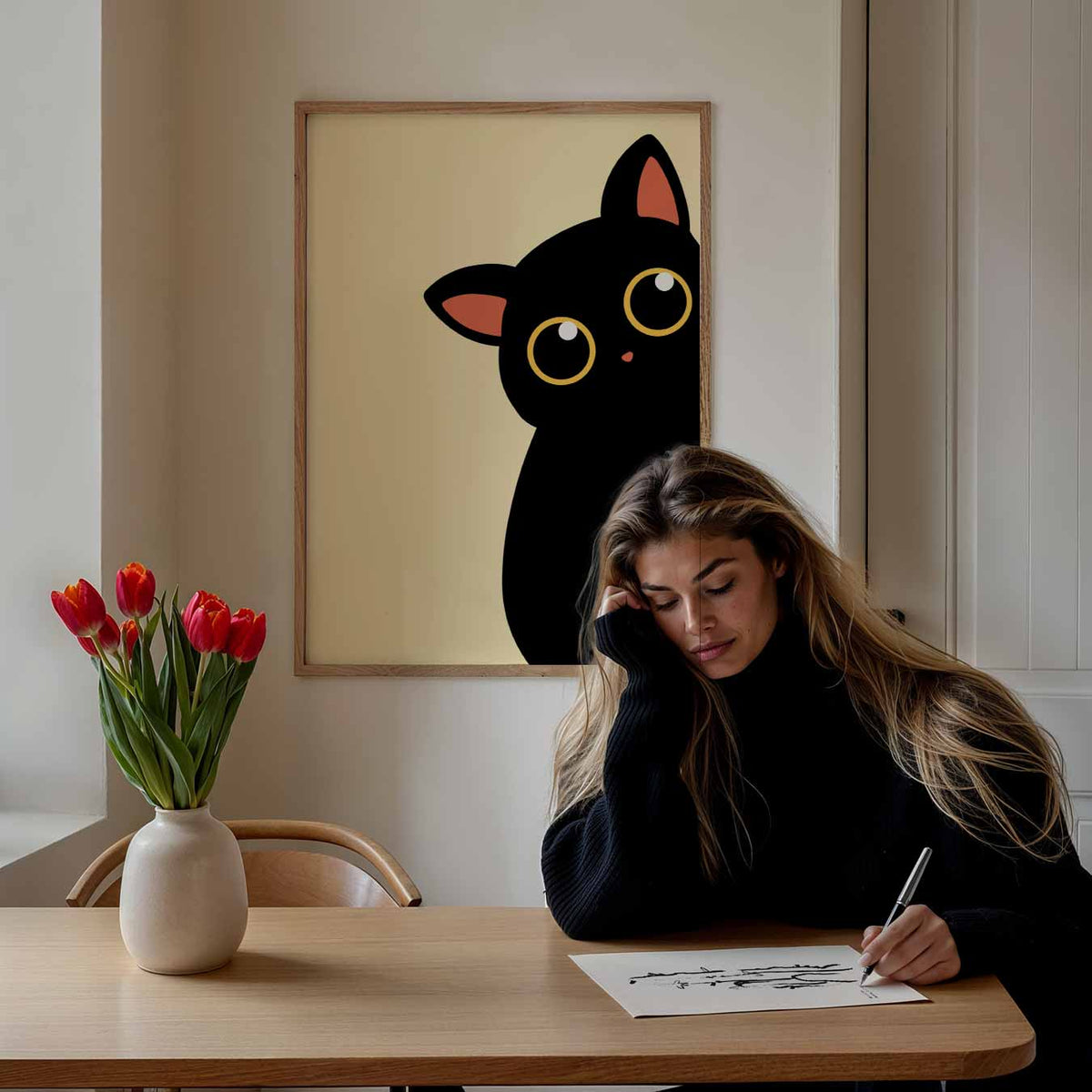 Schattige Kat in Minimalistisch Design – staande muurposter voor de kinderkamer