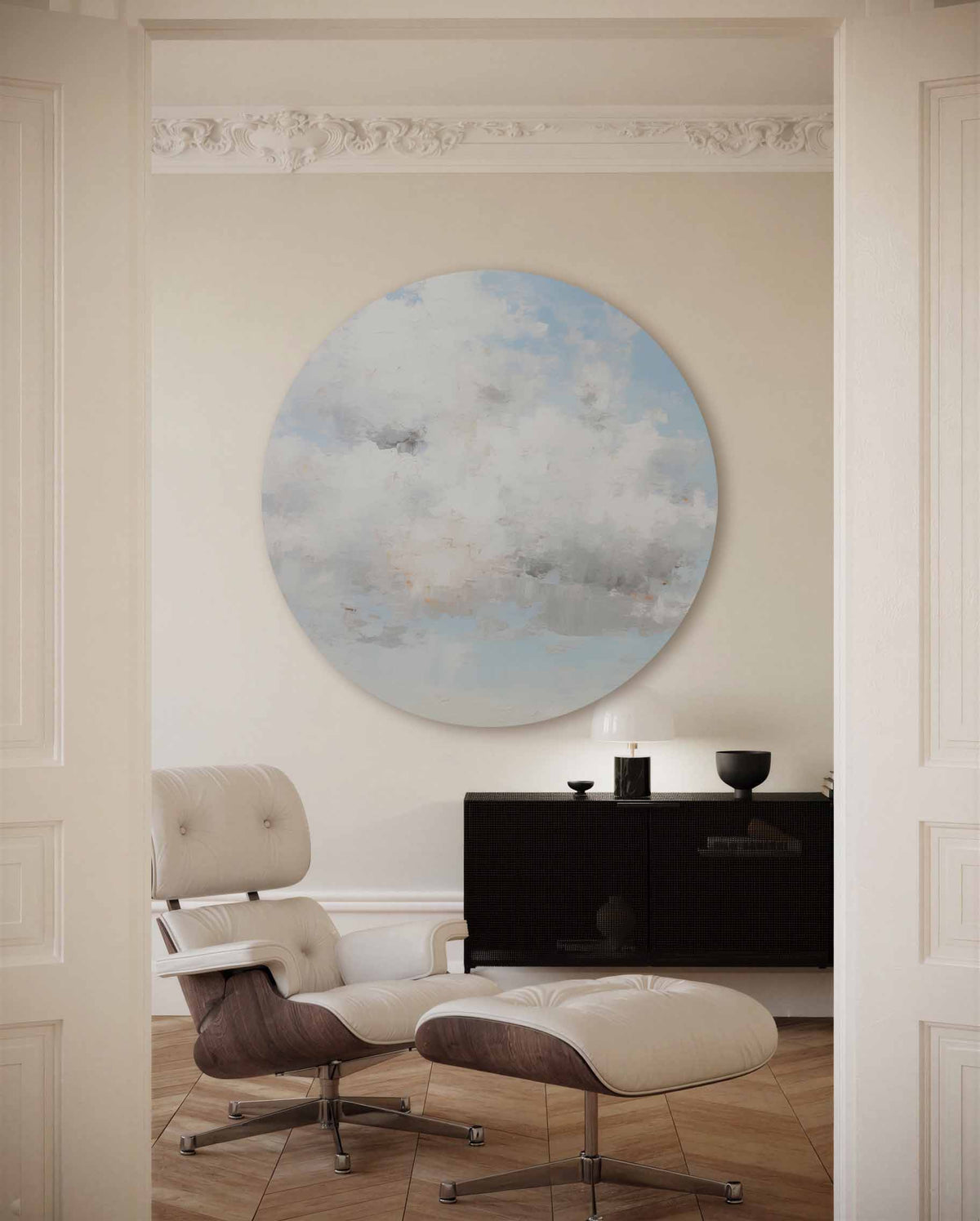 Lucht en wolken – muurcirkel met kleur en vormen voor aan de muur