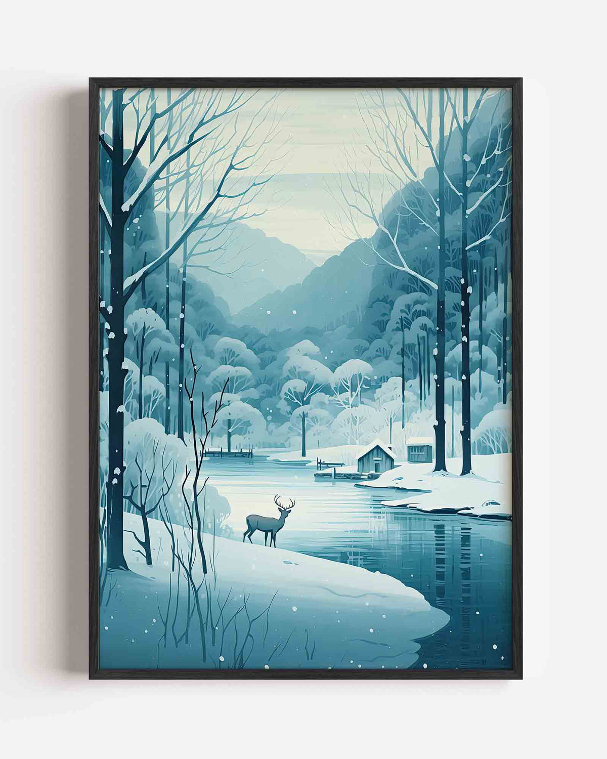 Winterlandschap met hert – kerst portret poster als wanddecoratie
