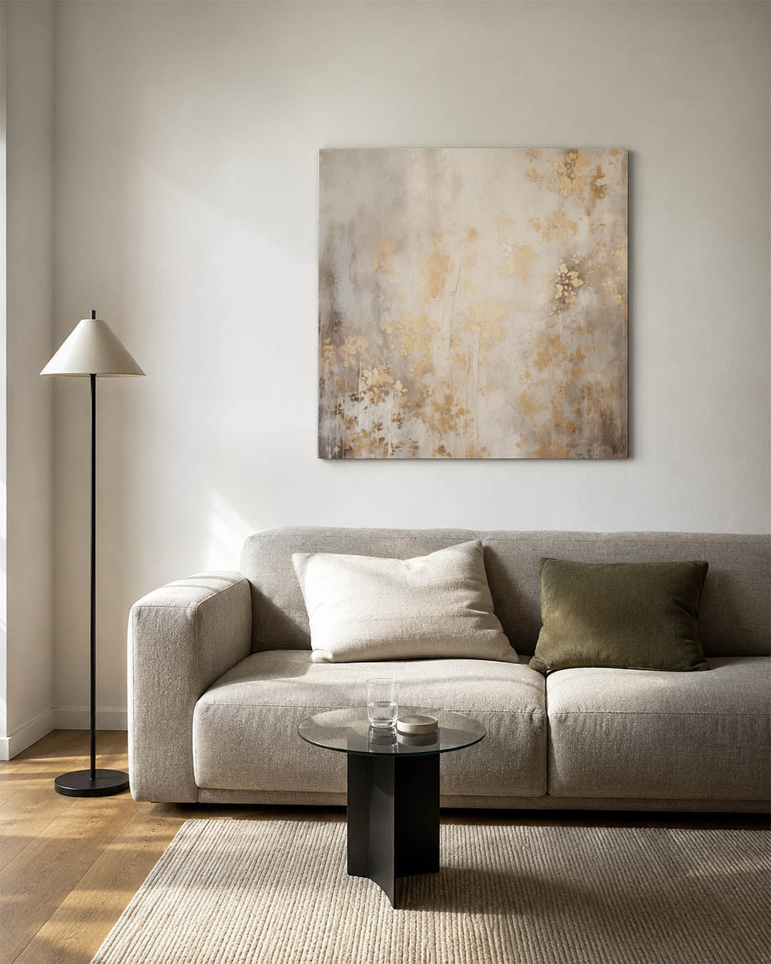 Bloemrijke nevel kunstwerk – vierkante wanddecoratie – dit kunstwerk toont een subtiele compositie van beige en grijze tinten