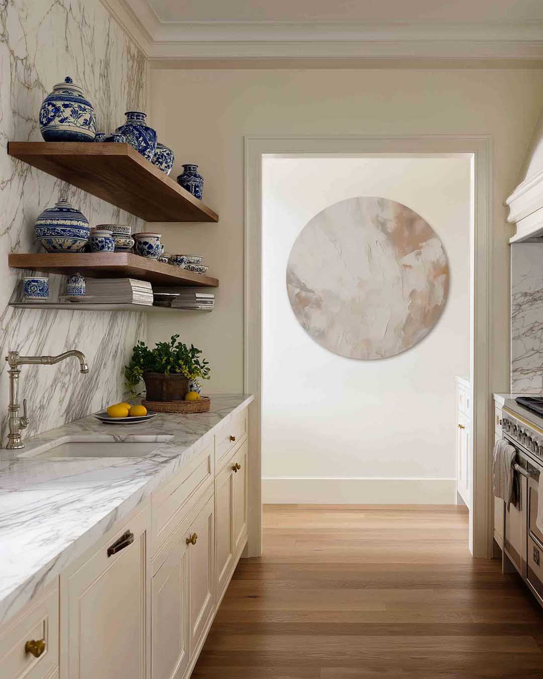 Abstracte beige – moderne abstracte muurcirkel voor aan de muur