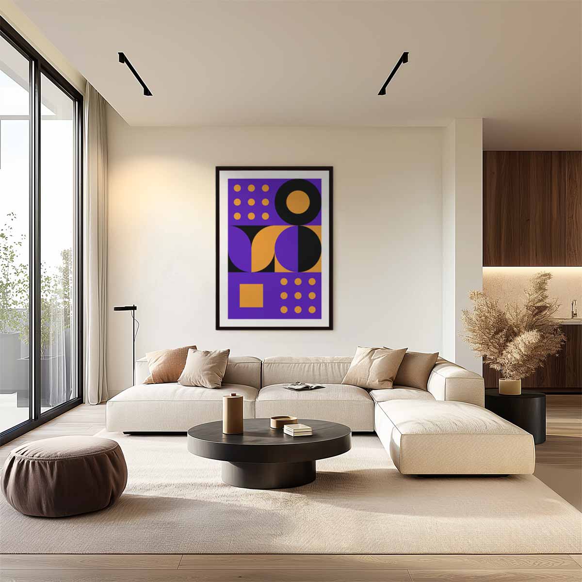 Geometrische vormen in paars en oranje – staand kunstwerk voor modern interieur